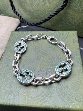 Gucci Silver Bracelet with Turquoise Enamel Double-G Medallions